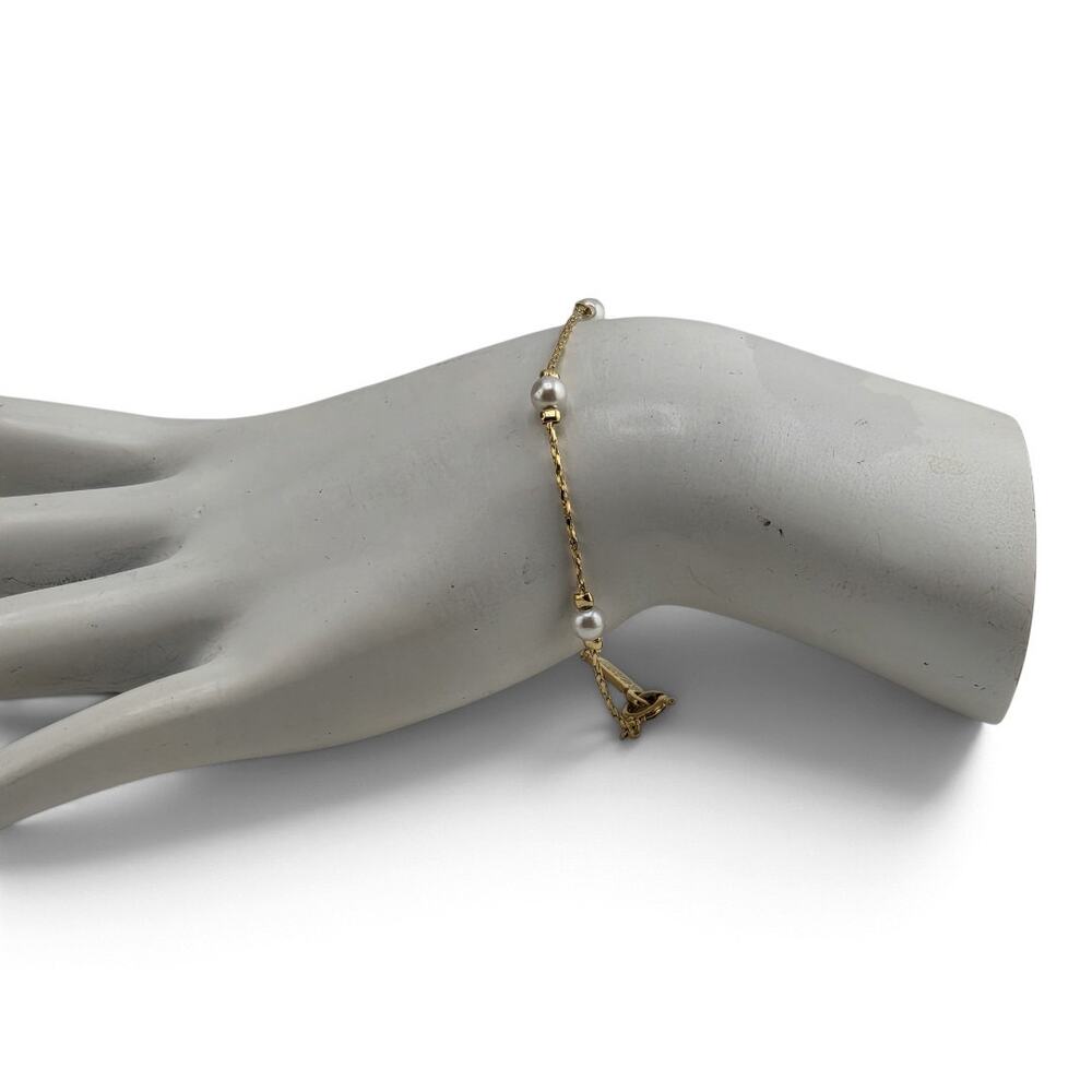 Napier Gold Tone Faux Pearl Station Bracelet Delicate Chain Signed